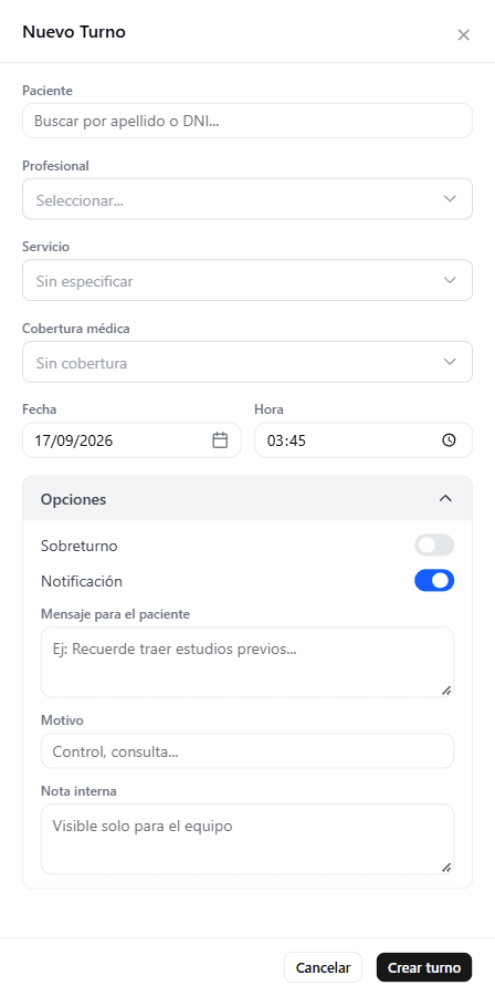 Crear o editar un turno