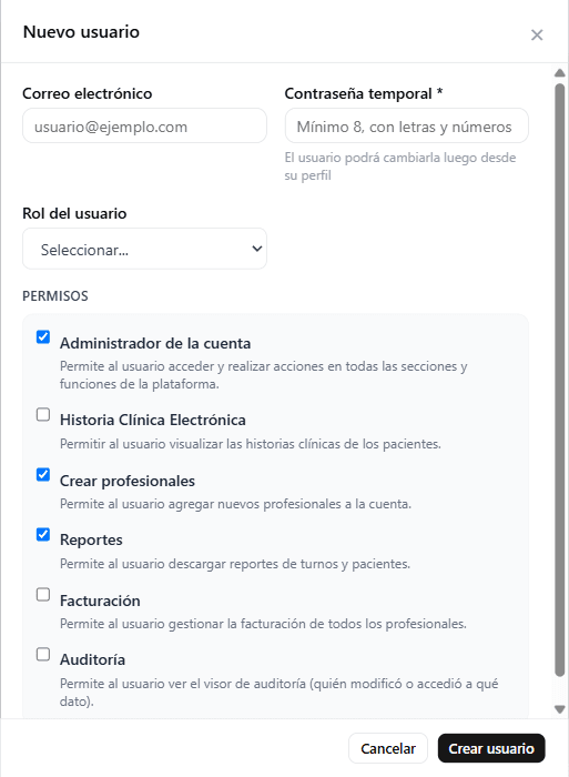 El formulario de usuario y sus permisos