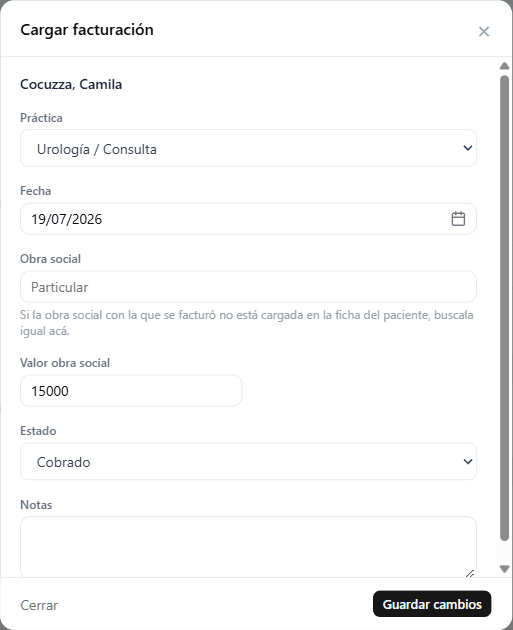 Cargar la facturación de un turno
