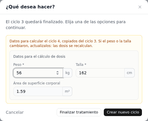 Diálogo para finalizar el ciclo, con los datos del próximo ciclo