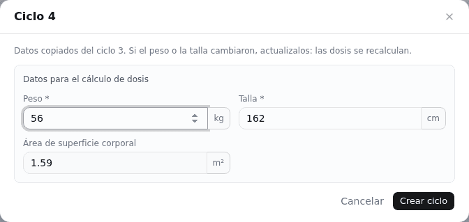 Crear nuevo ciclo: datos copiados del ciclo anterior