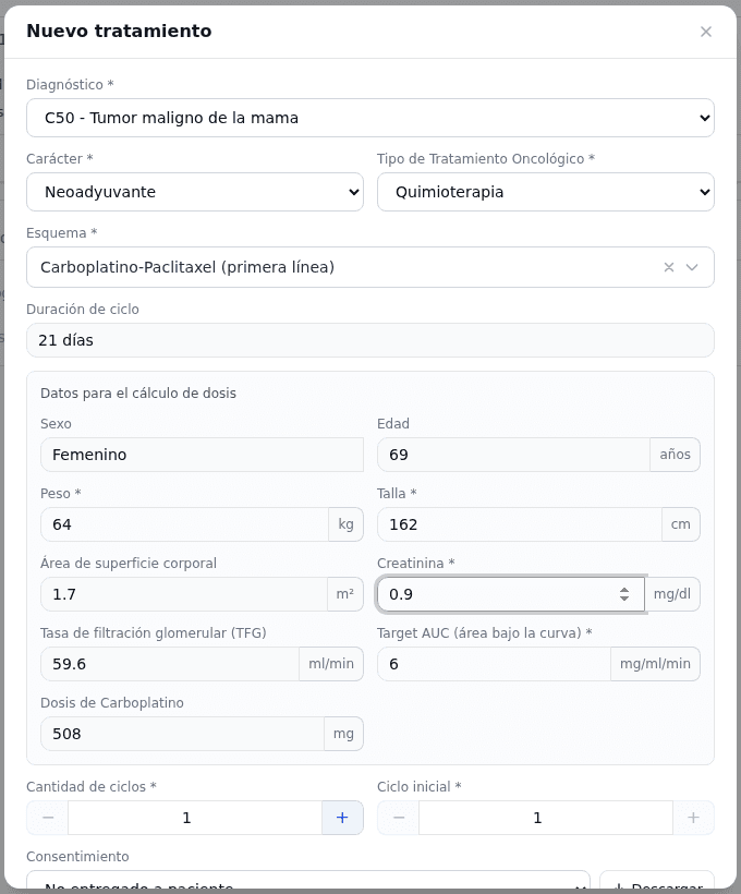 Datos para el cálculo de dosis de un esquema con carboplatino (Calvert)