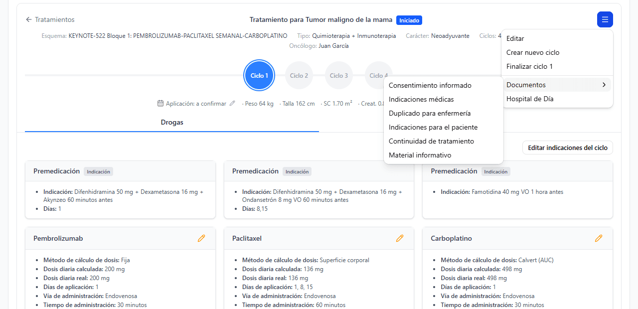 Menú de acciones del tratamiento