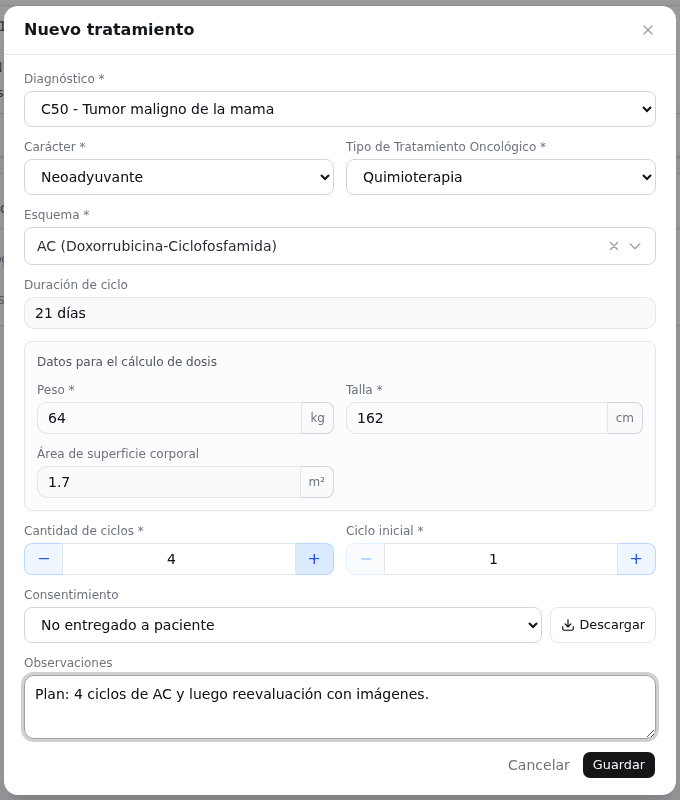 Formulario Nuevo tratamiento con un esquema por superficie corporal