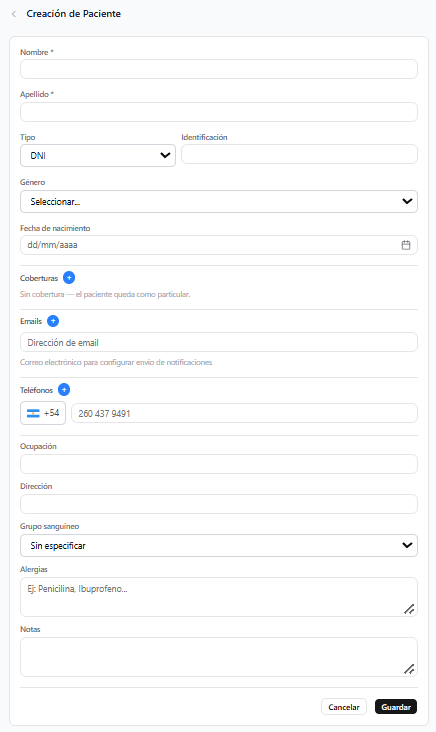 Crear un paciente nuevo