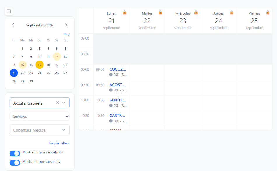 Ver y filtrar el calendario por profesional